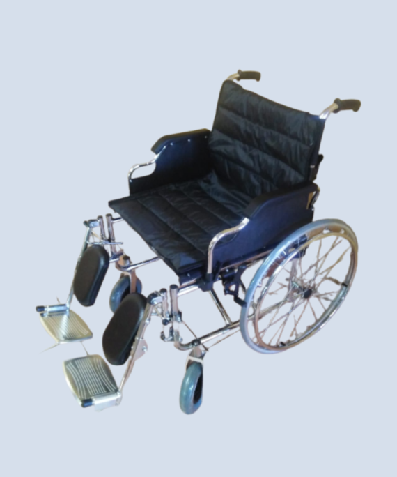 Extra Wide Wheelchair . It is used by individuals who have impairments that limit their ability to walk. It typically consists of a seat supported on two large wheels attached towards the back of the seat and two small wheels (castors) in front near the feet, a good braking system, footrests and a cushion Available at Equimed Medical Equipment Supplier