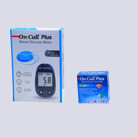 On-Call Plus blood glucose meter with strips for accurate blood sugar monitoring.