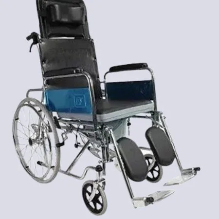 Reclining wheelchair with commode for patient comfort and mobility.